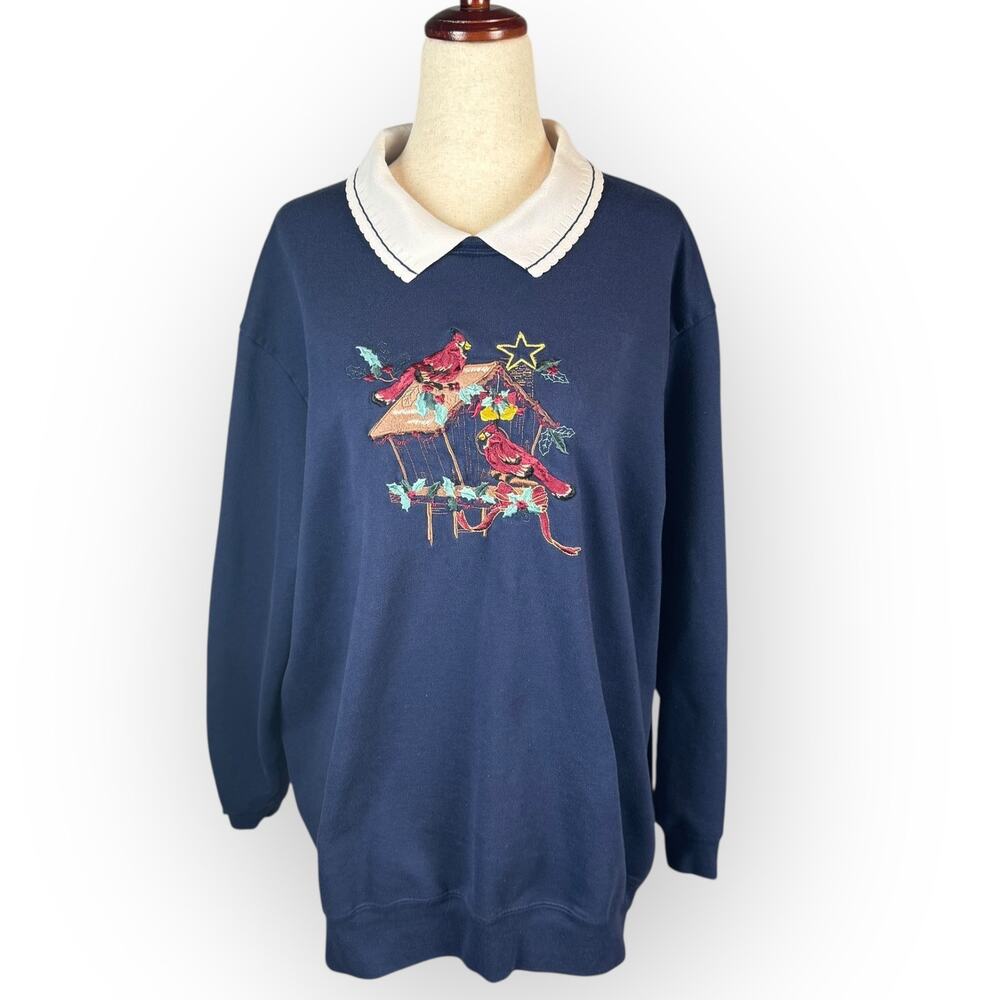 VTG Bobbie Brooks Womens XL Collared Navy Blue Embroidered Christmas Sweatshirt